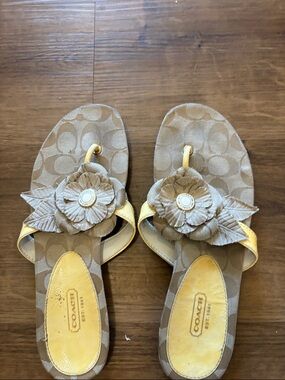 Coach Tan Logo-Print Floral Thong Sandals with Yellow Accents
